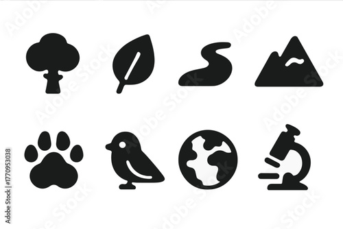 Nature Icon Set. Nature studies. Filled icon set of nature studies: tree, leaf, river, mountain, animal paw,