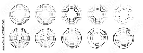 Set of circular wave ripple elements. Abstract sound waves, radio signal, or water splash rings. Isolated vector design on white background for technology or audio concept.
