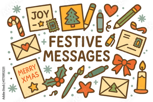 Festive Holiday Doodles. Festive Messages. Hand-drawn doodle illustration of festive messages. Greeting cards,
