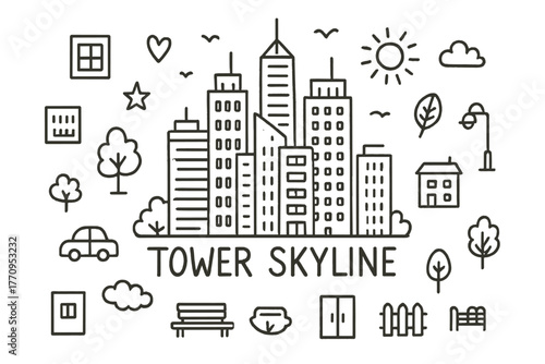 Tower Skyline Doodle. Tower block skyline. Hand-drawn doodle illustration of tower block skyline. In the