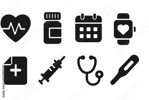 Chronic Health Icons. Chronic health tracking. Filled icon set of chronic health tracking: heart monitor, pill