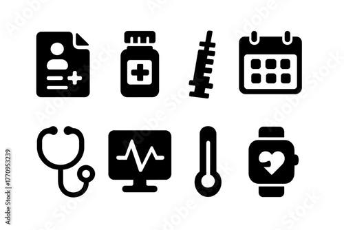 Patient Care Icons. Patient care tracking. Filled icon set of patient care tracking: medical file, pill bottle
