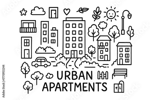 Urban Apartment Illustration. Urban apartments. Hand-drawn doodle illustration of urban apartments. In the