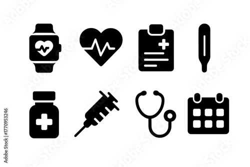 Wellness Icon Grid. Wellness tracking. Filled icon set of wellness tracking: smartwatch, heart monitor,