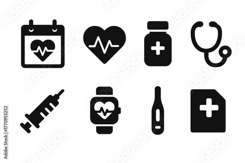 Patient Wellness Icons. Patient wellness. Filled icon set of patient wellness: calendar, heart monitor, pill