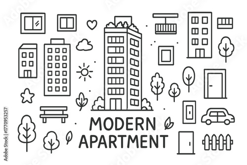 Modern Apartments Doodle. Modern apartments. Hand-drawn doodle illustration of modern apartments. In the