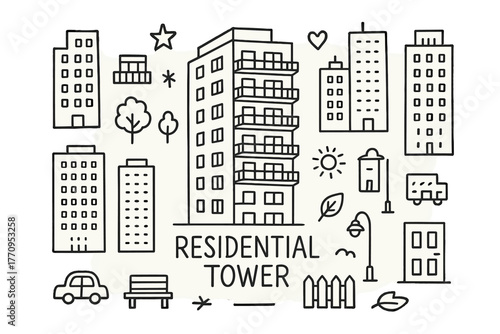 Modern Residential Towers. High-rise residential towers. Hand-drawn doodle illustration of high-rise