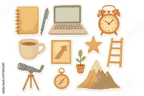 Watercolor Productivity Stickers. Productivity and focus kit. Realistic hand-painted watercolor style sticker