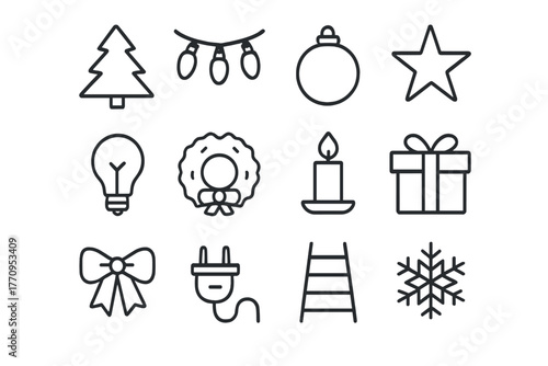 Seasonal Decoration Icons. Seasonal decorations. Line outline icon set of seasonal decorations: Christmas tree
