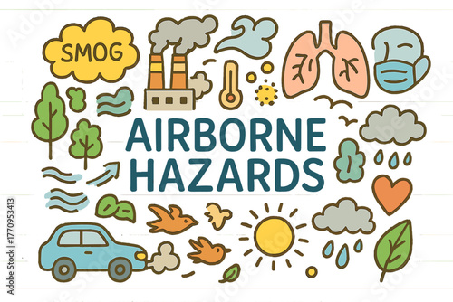 Airborne Hazards Illustration. Airborne Hazards. Hand-drawn doodle illustration of airborne hazards. Smog,
