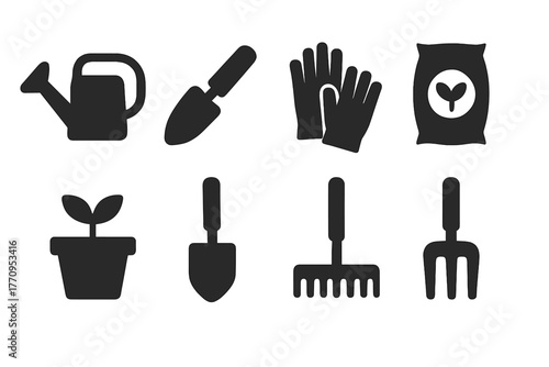 Plant Care Icons. Plant care. Filled icon set of plant care: watering can, trowel, gloves, soil bag, flower