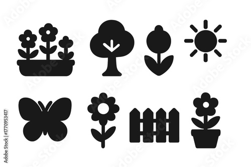 Floral Icon Set. Floral landscape. Filled icon set of floral landscape: flower bed, tree, tulip, daisy,