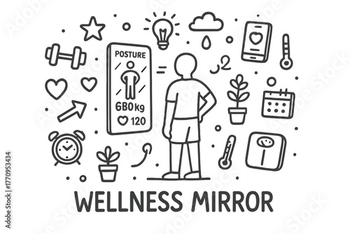 Wellness Mirror Doodle. Wellness mirror. Hand-drawn doodle illustration of wellness mirror. In the middle, one