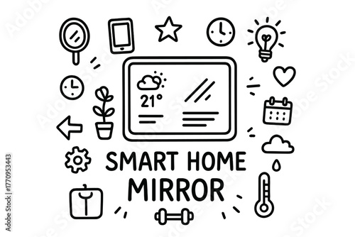 Smart Home Doodle. Smart home display. Hand-drawn doodle illustration of smart home display. In the middle,
