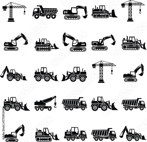 Construction equipment icon set, black and white, tower crane, dump truck, excavator, bulldozer, backhoe loader, front loader, silhouette, vector, grid layout