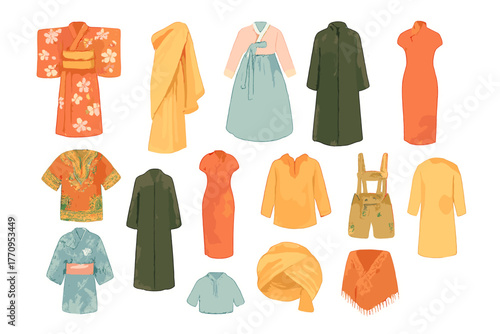 Cultural Attire Stickers. Cultural attire collection. Realistic hand-painted watercolor style sticker sheet of