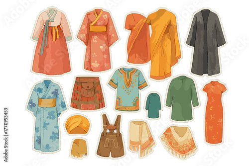 Global Attire Stickers. Global traditional attire. Realistic hand-painted watercolor style sticker sheet of