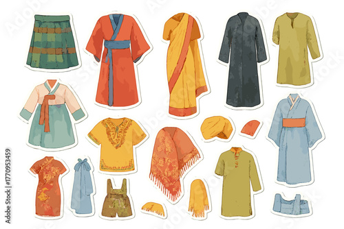 Ethnic Wear Stickers. Ethnic wear set. Realistic hand-painted watercolor style sticker sheet of ethnic wear