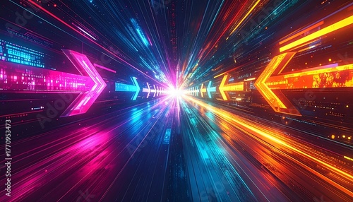 Abstract Digital Arrows and Light Trails, Futuristic Design.