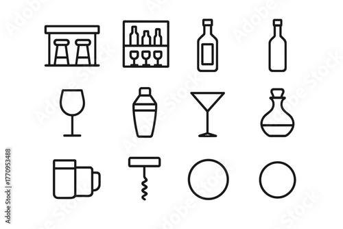Bar Icon Set. Bar area. Line outline icon set of bar area: bar counter, bar stool, shelf, liquor bottle, wine