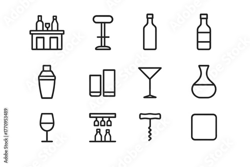 Mini Bar Icons. Mini bar. Line outline icon set of mini bar: bar counter, bar stool, wine bottle, liquor
