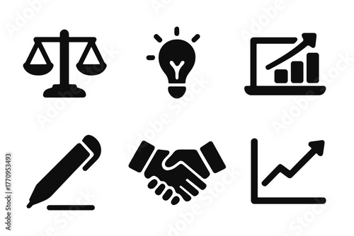 Decision Making Icons. Decision making. Filled icon set of decision making: scale, lightbulb, laptop, chart,