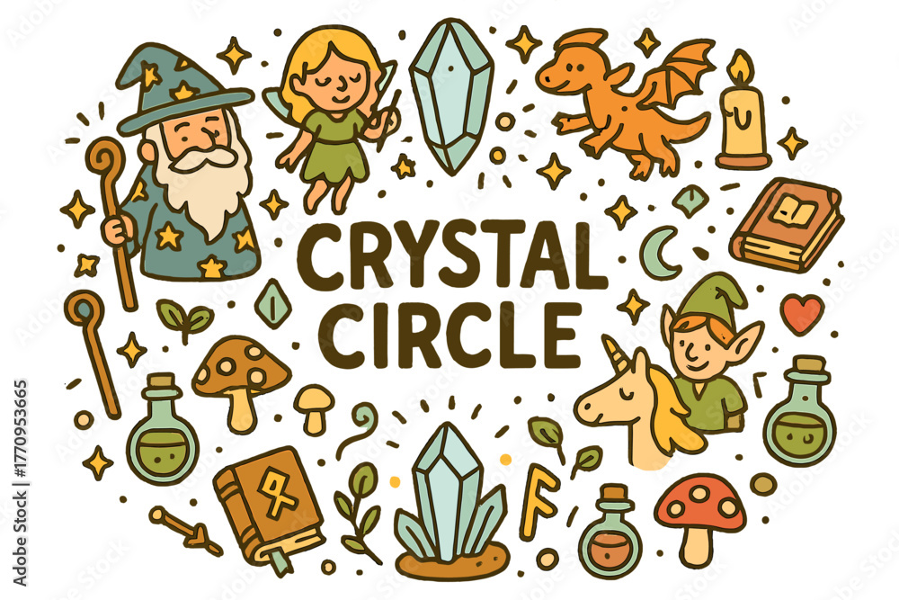 Fototapeta premium Mystical Crystal Circle. Crystal Circle. Hand-drawn doodle illustration of crystal circle. Wizards, fairies,