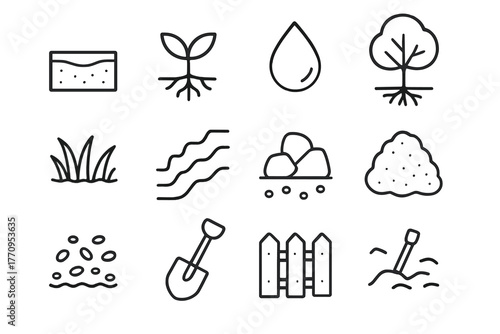 Soil Protection Icons. Soil protection. Line outline icon set of soil protection: soil layers, roots, plant,