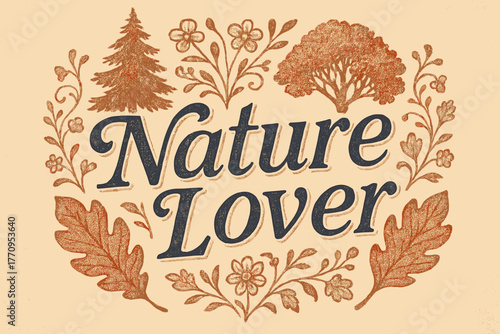 Vintage Nature Aesthetic. Nature Lover. vintage serif script with faded ink texture, subtle shadowed outlines,