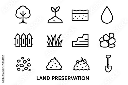 Land Preservation Icons. Land preservation. Line outline icon set of land preservation: tree, plant, soil