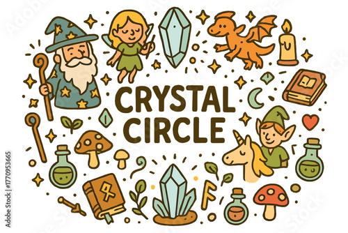 Mystical Crystal Circle. Crystal Circle. Hand-drawn doodle illustration of crystal circle. Wizards, fairies,