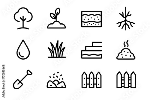 Land Care Icons. Land care. Line outline icon set of land care: tree, plant, soil layers, roots, water droplet