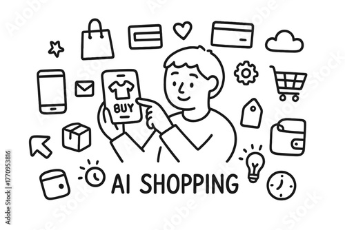 AI Shopping Doodle. AI shopping. Hand-drawn doodle illustration of AI shopping. In the middle, one slightly