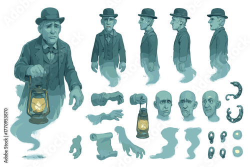 Victorian Ghost Character Pack. Cartoon realistic vector illustration, Character constructor style, isolated