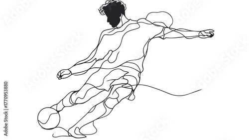 Minimalist single line drawing of soccer player kicking ball in motion for modern sports illustration design