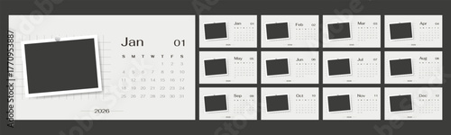 Blank photo frame design 2026 English calendar year template of 12 month horizontal pages set. Minimalist layout yearly planner week starts on Sunday. 