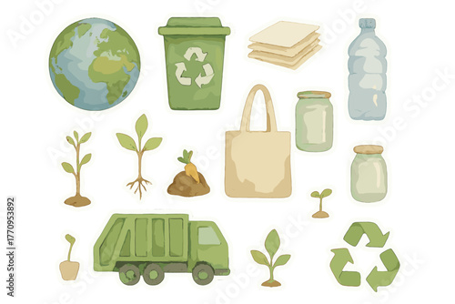 Sustainable Living Stickers. Sustainable living icons. Realistic hand-painted watercolor style sticker sheet