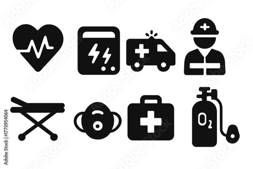 Medical Emergency Icons. Medical emergency. Filled icon set of medical emergency: heart, defibrillator,