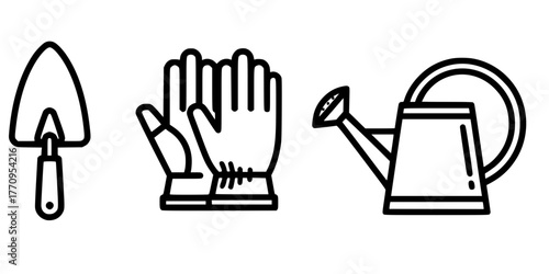 Simple Gardening Tools Silhouette Flat Vector Icon Set