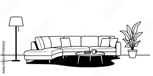 Curved Sectional Sofa Minimalist Interior Outline Vector