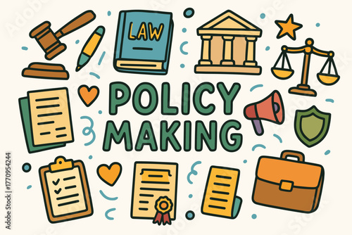 Policy Making Doodles. Policy Making. Hand-drawn doodle illustration of policy making. Gavel, law book,
