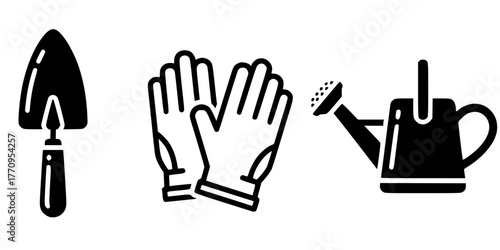 Simple Gardening Tools Silhouette Flat Vector Icon Set