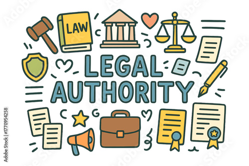 Legal Symbols Doodle. Legal Authority. Hand-drawn doodle illustration of legal authority. Gavel, law book,