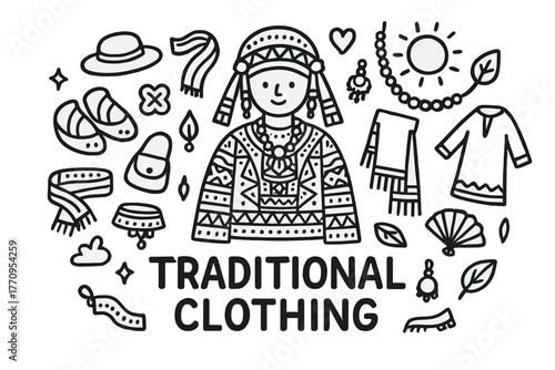 Traditional Clothing Doodles. Cultural and traditional clothing from around the world. Hand-drawn doodle