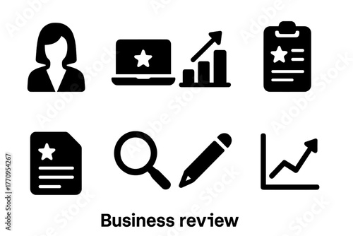 Icon Set_ Business Review. Business review. Filled icon set of business review: businesswoman, laptop, chart,