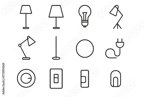 Standing Lamp Icons. Standing lamp. Line outline icon set of standing lamp: floor lamp, lampshade, light bulb,