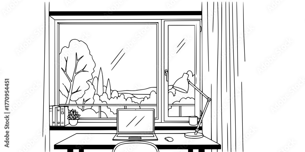 Fototapeta premium Home Office Desk with Window Simple Line Art Vector