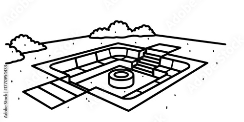 Sunken Outdoor Seating Area Minimalist Line Art Vector