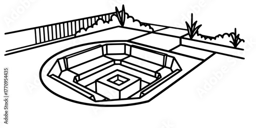 Sunken Outdoor Seating Area Minimalist Line Art Vector