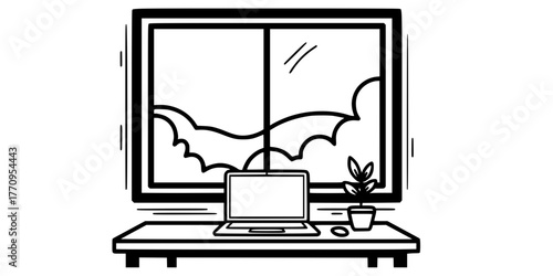 Home Office Desk with Window Simple Line Art Vector